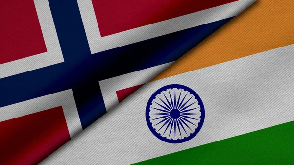Norveç ve Hindistan Krallığı 'ndan gelen iki bayrağın kumaş dokusu, ikili ilişkiler, ülkeler arasındaki barış ve ihtilaf ile birleştirilmesi, arka plan için harika