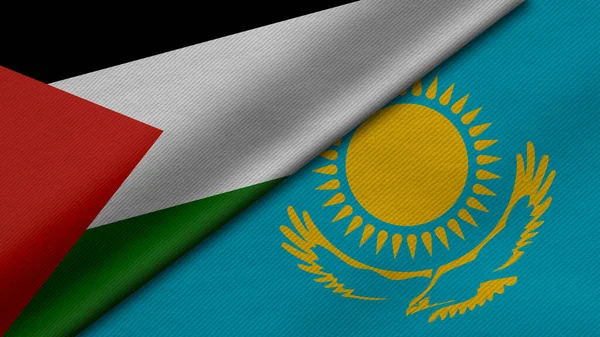 Rendering Two Flags State Palestine Republic Kazakhstan Fabric Texture Bilateral —  Fotos de Stock