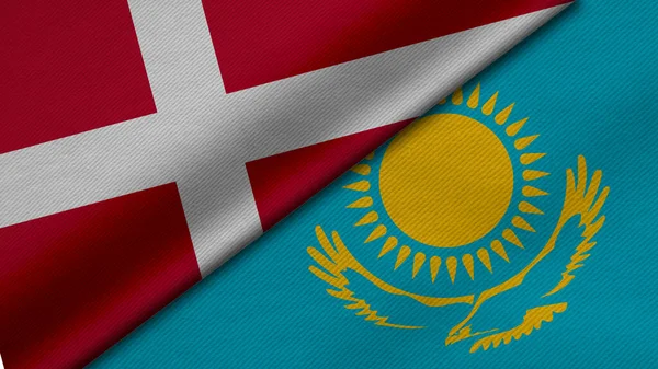 Danimarka Krallığı ve Kazakistan Cumhuriyeti 'nden iki bayrağın kumaş dokusu, ikili ilişkiler, barış ve ülkeler arasındaki çatışmalar için üç boyutlu yorumlanması, arka plan için harika