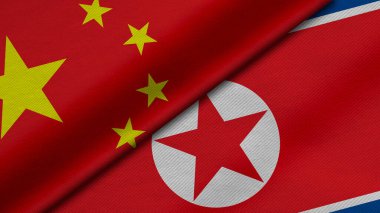 Çin ve Kazakistan Cumhuriyeti 'nden gelen iki bayrağın kumaş dokusu, ikili ilişkiler, ülkeler arası barış ve ihtilaf ile üç boyutlu şekilde yorumlanması, arka plan açısından harika