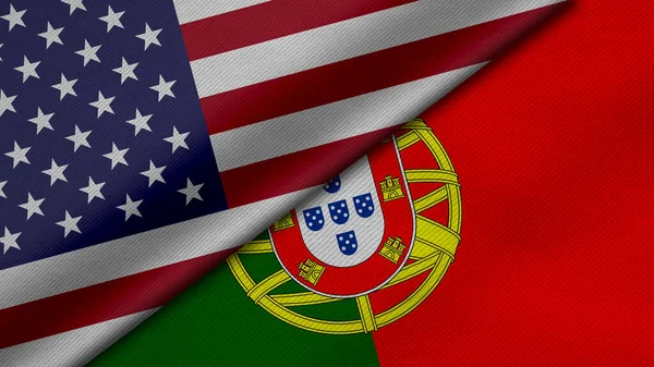 Amerika Birleşik Devletleri ve Portekiz Cumhuriyeti 'nden gelen iki bayrağın kumaş dokusu, ikili ilişkiler, ülkeler arasındaki barış ve ihtilaf ile birlikte 3D olarak yorumlanması, arka plan için harika