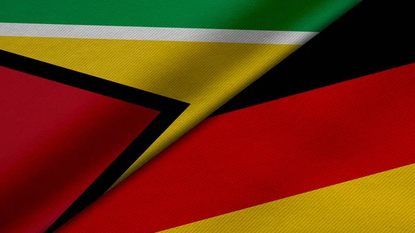 Guyana Cumhuriyeti ve Almanya Cumhuriyeti 'nden gelen iki bayrağın kumaş dokusu, ikili ilişkiler, ülkeler arasındaki barış ve ihtilaf ile birlikte üç boyutlu yorumlanması, arka plan açısından harika
