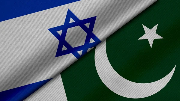 İsrail Devleti ve Pakistan Cumhuriyeti 'nden iki bayrağın kumaş dokusu, ikili ilişkiler, barış ve ülkeler arasındaki çatışma ile birlikte üç boyutlu olarak hazırlanması, geçmiş için harika bir şey.
