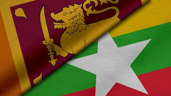Sri Lanka Cumhuriyeti ve Myanmar 'dan gelen iki bayrağın kumaş dokusu, ikili ilişkiler, ülkeler arasındaki barış ve ihtilaf ile birleştirilmesi, arka plan için harika