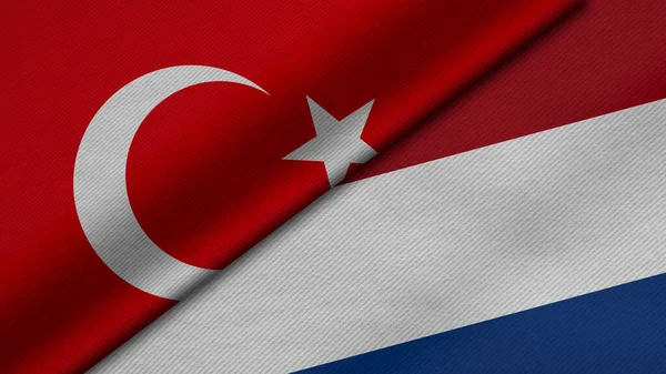 3D Rendering of two flags from Republic of Turkey and Netherlands with fabric texture, bilateral relations, peace and conflict between countries, great for background