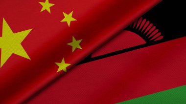 3D Rendering of two flags from china and Republic of Malawi together with fabric texture, bilateral relations, peace and conflict between countries, great for background