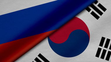 3D Rendering of two flags from Russian Federation and Republic of Korea together with fabric texture, bilateral relations, peace and conflict between countries, great for background