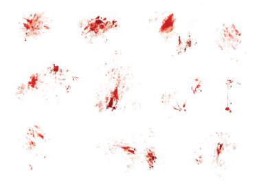 Beyaz arka planda izole edilmiş gerçekçi kan. Kan damlaları ve 11 parça kan.