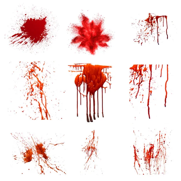 现实的血在白色背景下被隔离 一滴血和9件藏品的飞溅 — 图库照片