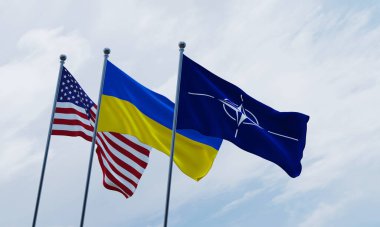 NATO, ABD ve Ukrayna bayrakları. 3B çalışma ve 3B illüstrasyon-2