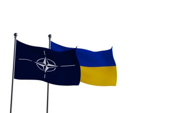 Beyaz arka planda izole edilmiş Ukrayna ve NATO bayrakları. 3B çalışma ve 3B illüstrasyon
