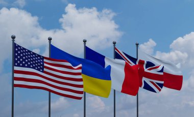 ABD, Ukrayna, Fransa ve Polonya bayrakları. 3B çalışma ve 3B illüstrasyon