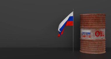 Rus petrolü, petrol varili geçmişi, Rusya bayrağı, Rus petrolüne yaptırımlar. 3B çalışma ve 3B illüstrasyon