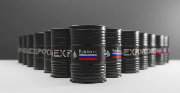 Rus petrolü, Rusya bayrağı namluda, Petrol İhracatı. Seçici odaklanma. Rus petrolüne yaptırımlar. 3B çalışma ve 3B illüstrasyon