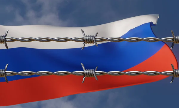 Санкции Против России Российским Флагом Колючей Проволоке — стоковое фото