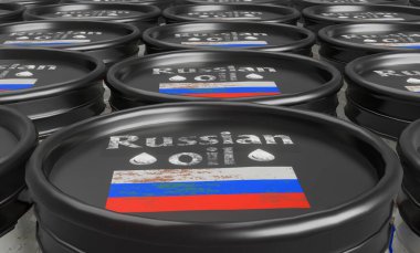 Rus petrol varili deposu, arka planda fıçı var. Rus bayrağı renginde fıçılar. Rus petrolüne yaptırımlar. 3B çalışma ve 3B illüstrasyon