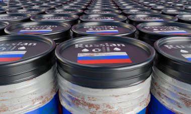 Rus petrol varili deposu, arka planda fıçı var. Rus bayrağı renginde fıçılar. Rus petrolüne yaptırımlar. 3B çalışma ve 3B illüstrasyon