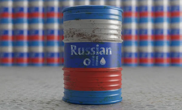 俄罗斯油桶仓库 背景与油桶 带有俄罗斯国旗颜色的桶 特写镜头和有选择的重点 对俄罗斯石油的制裁 3D作品和3D插图 选择性重点 — 图库照片