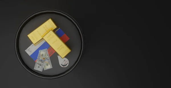 Ρωσικό Βαρέλι Πετρελαίου 999 Χρυσά Πλινθώματα Και 100 Δολάρια Γωνία — Φωτογραφία Αρχείου