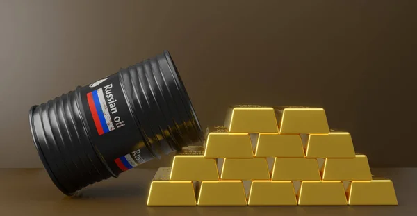 Russisches Ölfass Und 999 Goldbarren Proben Sanktionen Gegen Russisches Arbeit — Stockfoto