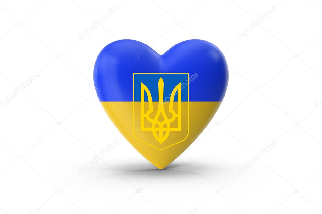 Heart with Flag Ukraine and symbol Lesser Coat of Arms of Ukraine on a white background