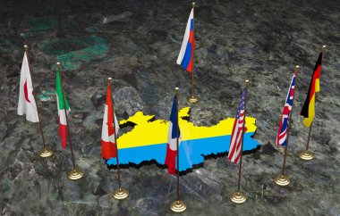 G7 ülkeleri Rusya 'ya, G7 ülkelerinin bayraklarına, Rusya' ya karşı ve renkli bayrak taşıyan Ukrayna haritasına karşı. Savaşı durdurun Ukrayna ve Rusya. 3B çalışma ve 3B illüstrasyon