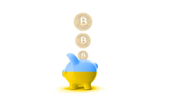 Legalização Cryptocurrencies Ucrânia Bitcoin Bandeira Ucrânia Bitcoin Ucrânia Piggy Bank — Fotografia de Stock