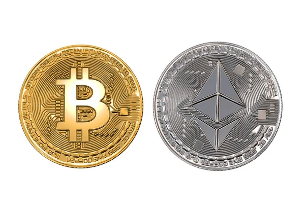 Beyaz arkaplanda Bitcoin ve Eter paraları