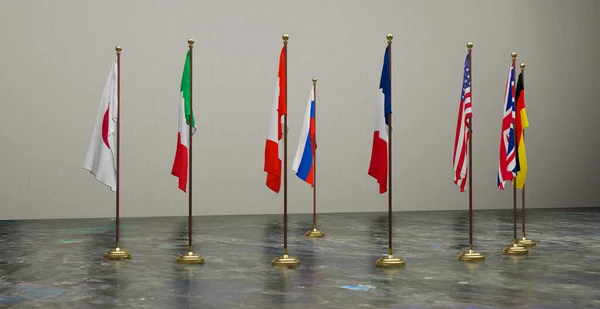 G7国家对俄罗斯 G7国家的旗帜和俄罗斯 停止战争乌克兰和俄罗斯 3D作品和3D插图 — 图库照片