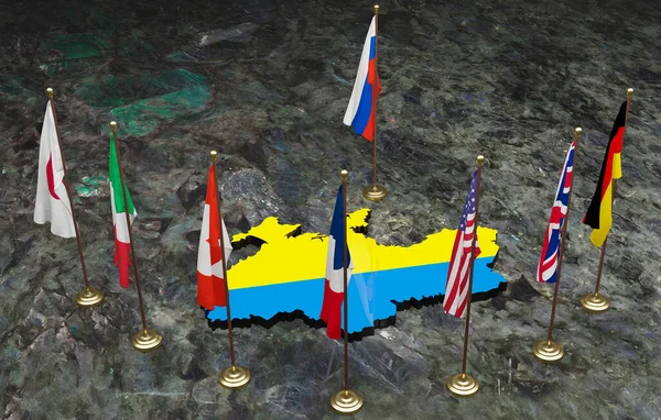 G7 ülkeleri Rusya 'ya, G7 ülkelerinin bayraklarına, Rusya' ya karşı ve renkli bayrak taşıyan Ukrayna haritasına karşı. Savaşı durdurun Ukrayna ve Rusya. 3B çalışma ve 3B illüstrasyon