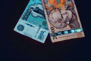 Rus parası ve Ermeni parası, Ermenistan ve Rusya banknotu. Duvar kağıdı işi ve finans