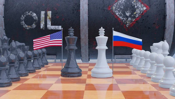 Russland Gegen Usa Kämpfen Auf Dem Schachbrett Öltank Vorhanden Öltankhintergrund — Stockfoto