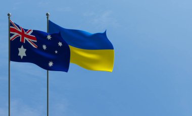 Avustralya ve Ukrayna bayrakları. Mavi gökyüzü ve bayrak Avustralya ve Ukrayna. 3B çalışma ve 3B resim