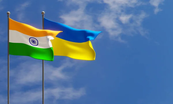 Indiens Och Ukrainas Flaggor Blå Himmel Och Flagga Indien Och — Stockfoto