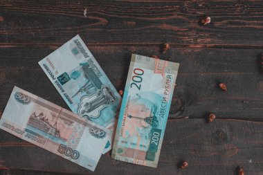 Rus parası, Rus Rublesi, tahtanın üzerinde ruble banknot. Duvar kağıdı işi ve finans
