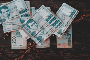 Rus parası ve Ermeni parası, Ermenistan ve Rusya tahtanın üzerinde. Duvar kağıdı işi ve finans