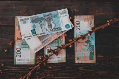 Rus parası, Rus Rublesi, tahtanın üzerinde ruble banknot. Duvar kağıdı işi ve finans