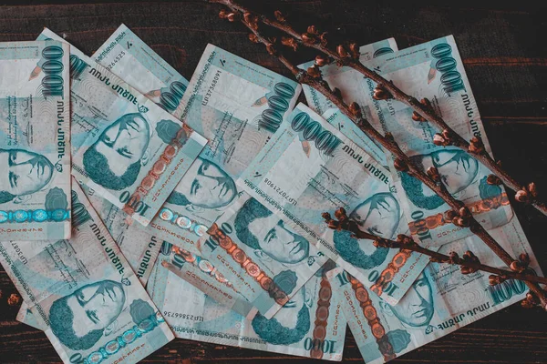 Dinheiro Arménio Dram Arménio Nota Dram Bordo Madeira Papel Parede — Fotografia de Stock