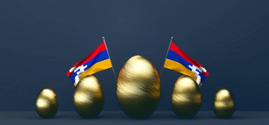 Mutlu Paskalyalar, Paskalya Artsakh. Artsakh bayrağı ve altın yumurtayla donatılmış arka plan. Üç boyutlu çalışma ve üç boyutlu görüntü. Boşluğu kopyala