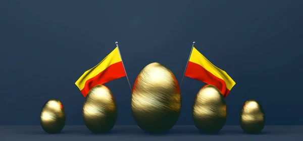 Mutlu Paskalyalar Paskalya Prag Altın Yumurtalar Prag Bayrağı Ile Arka — Stok fotoğraf