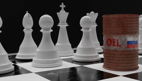 俄罗斯石油 石油的背景 俄罗斯在国际象棋棋盘上的旗号 对俄罗斯石油的制裁 3D作品和3D插图 — 图库照片