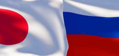 Japonya ve Rusya bayrakları. Japonya bayrağı ve Rusya bayrağı. 3B çalışma ve 3B resim