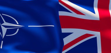 NATO ve Büyük Britanya bayrakları. NATO bayrağı ve İngiltere bayrağı. Üç boyutlu çalışma ve üç boyutlu görüntü. Erivan, Ermenistan - 31 Mart 2022: 