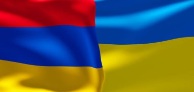 Ermenistan ve Ukrayna bayrakları. Ermenistan bayrağı ve Ukrayna bayrağı. 3B çalışma ve 3B resim