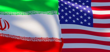 İran ve ABD bayrakları. İran bayrağı ve ABD bayrağı. 3B çalışma ve 3B resim