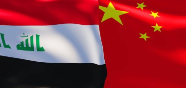Irak ve Çin bayrakları. Irak bayrağı ve Çin bayrağı. 3B çalışma ve 3B resim