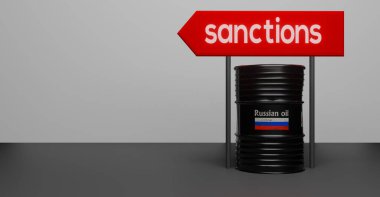 Rus petrolü, petrol varili geçmişi, Rusya bayrağı, Rus petrolüne yaptırımlar. 3B çalışma ve 3B illüstrasyon
