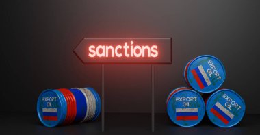 Rus petrolü, petrol varili geçmişi, Rusya bayrağı, Rus petrolüne yaptırımlar. 3B çalışma ve 3B illüstrasyon