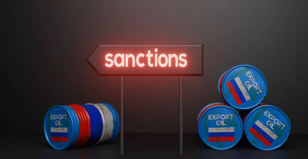 Rosyjska Ropa Tło Beczki Ropy Rosyjska Flaga Beczce Sankcje Rosyjską — Zdjęcie stockowe
