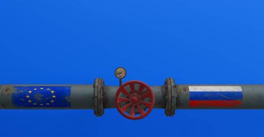 Rus doğalgazı, Rus doğalgaz boru hattı Rusya 'dan Avrupa' ya. Avrupa bayrağı ve Rusya bayrağı, Rus doğalgazına karşı yaptırımlar. 3B çalışma ve 3B illüstrasyon
